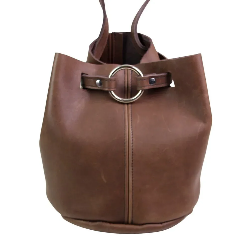 Mossbags BROWN GENUINE LEATHER DRAWSTRING SHOULDER BAG HANDBAG PURSE